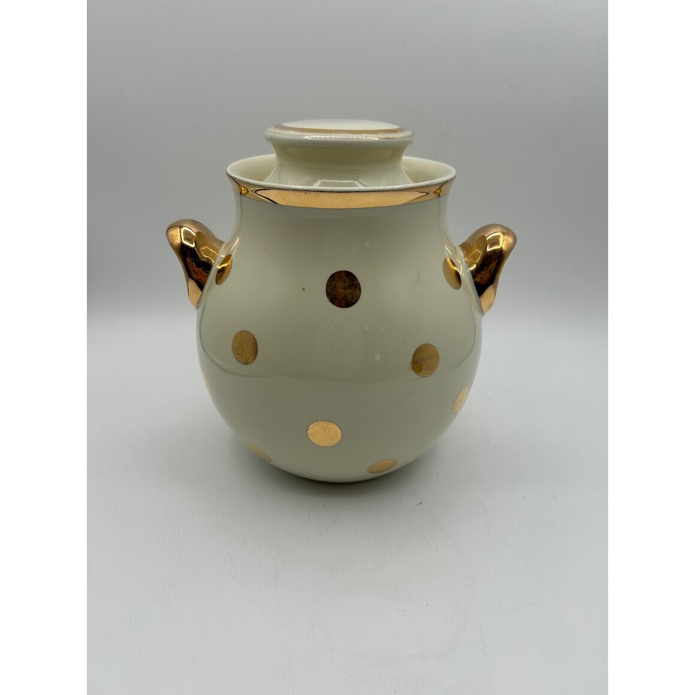 Hall China Cookie Jar Cream Gold Dot Mid Century Modern Kitchen Deco